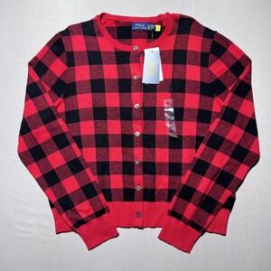 Polo Ralph Lauren Plaid Cardigan Womens‎ XL Red Buffalo Button Cotton Wool
